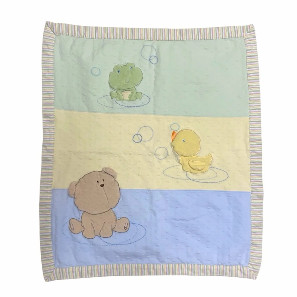 Vintage Carters Bear Duck Frog Bubbles Baby Blanket Yellow Blue Green Reversible